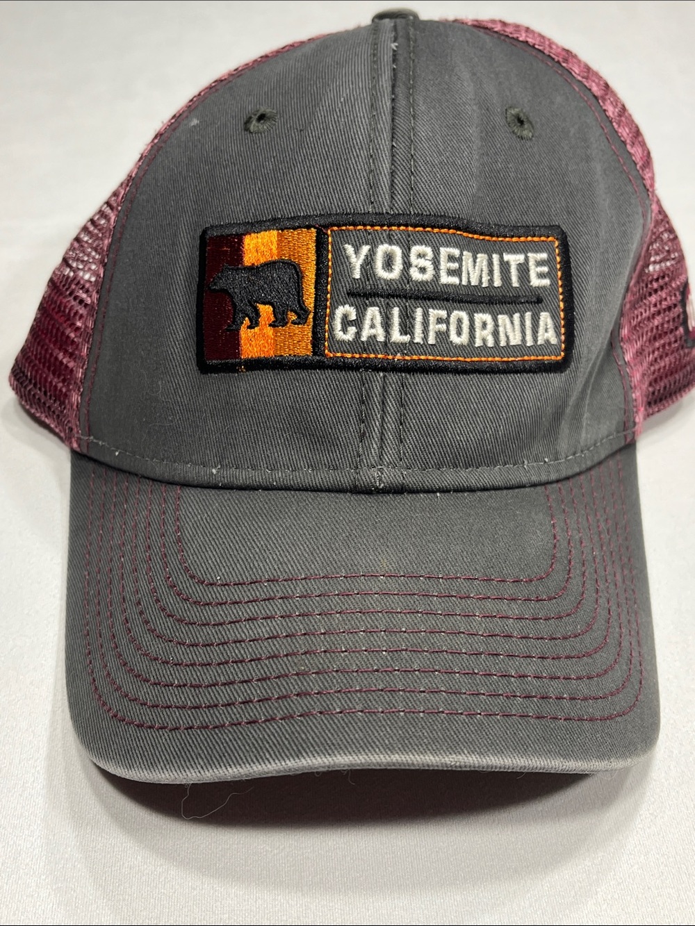 Ouray Yosemite California Trucker Hat Gray Burgundy Mesh Snapback Bear Cap